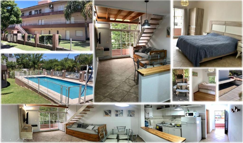 a collage of pictures of a house with a swimming pool at Depto 8 - Villa Carlos Paz in Villa Carlos Paz