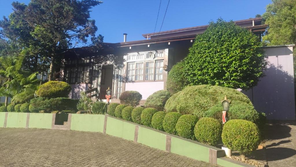 a garden in front of a house with bushes at Pousada Gardenia Guest House in Gramado