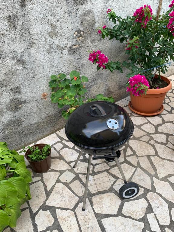 a bbq grill sitting on a patio with plants at Apartment Ivanka in Senj