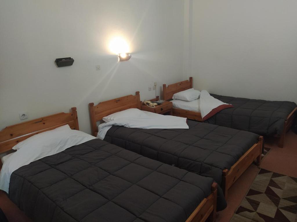 Habitación con 2 camas y una luz en la pared. en Apollon inn, en Arachova