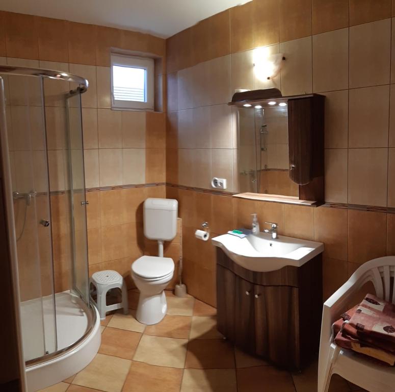łazienka z toaletą, umywalką i prysznicem w obiekcie Sunshine Apartment w Hajduszoboszlo