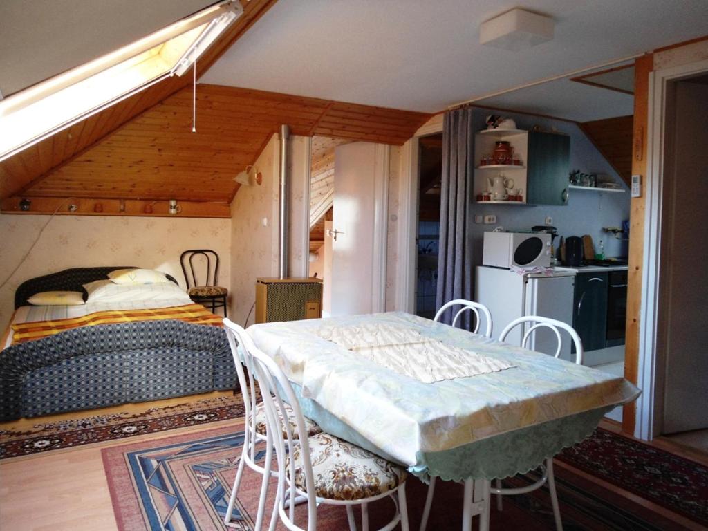 ヘーヴィーズにあるKároly Vendégházのベッドルーム1室(ベッド1台付)、キッチンが備わるアパートメントです。