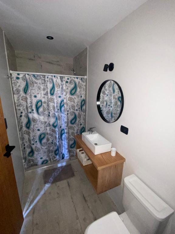 uma casa de banho com um lavatório, um WC e um espelho. em 126 Suite “Centro” em Suipacha