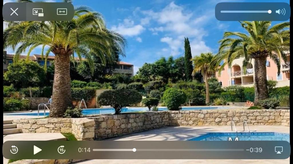 uitzicht op een zwembad met palmbomen en een villa bij 2P Terrasse vue piscine et jardin tropical La Croix Valmer in La Croix-Valmer