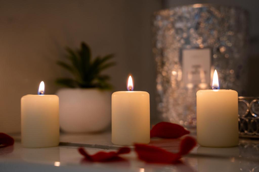 three candles sitting on a table with red flowers at Charmant studio à quelques pas du centre-ville in Troyes