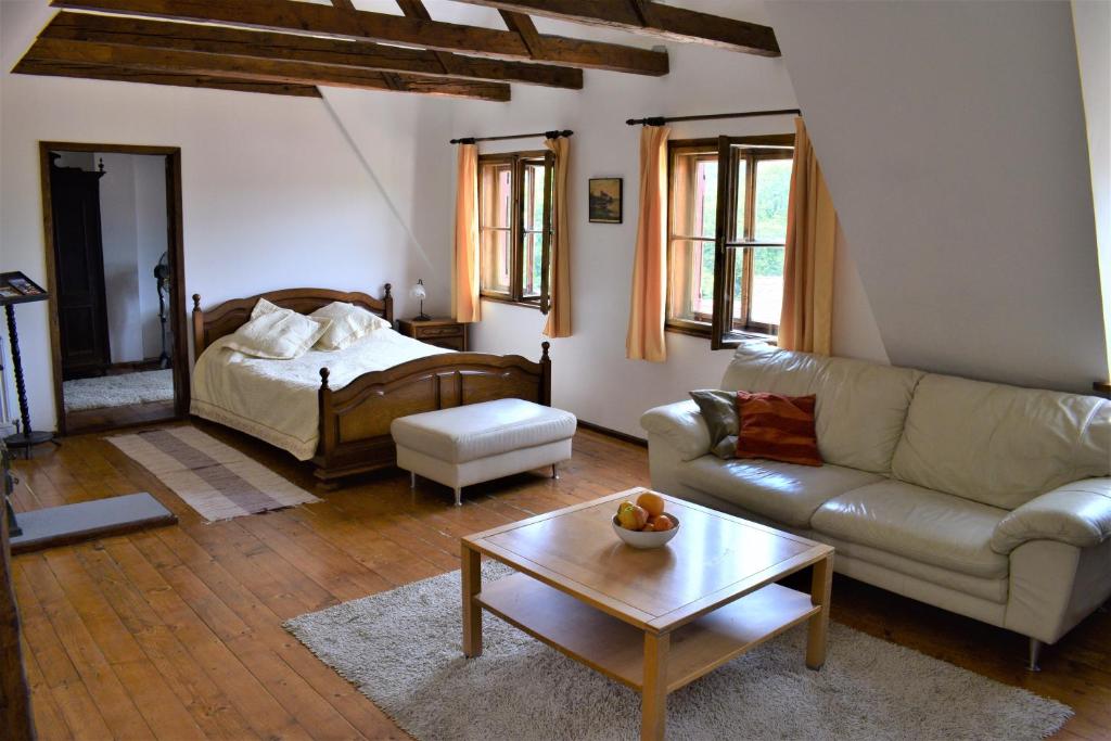 un soggiorno con divano e letto di Casa Cojo a Sighişoara