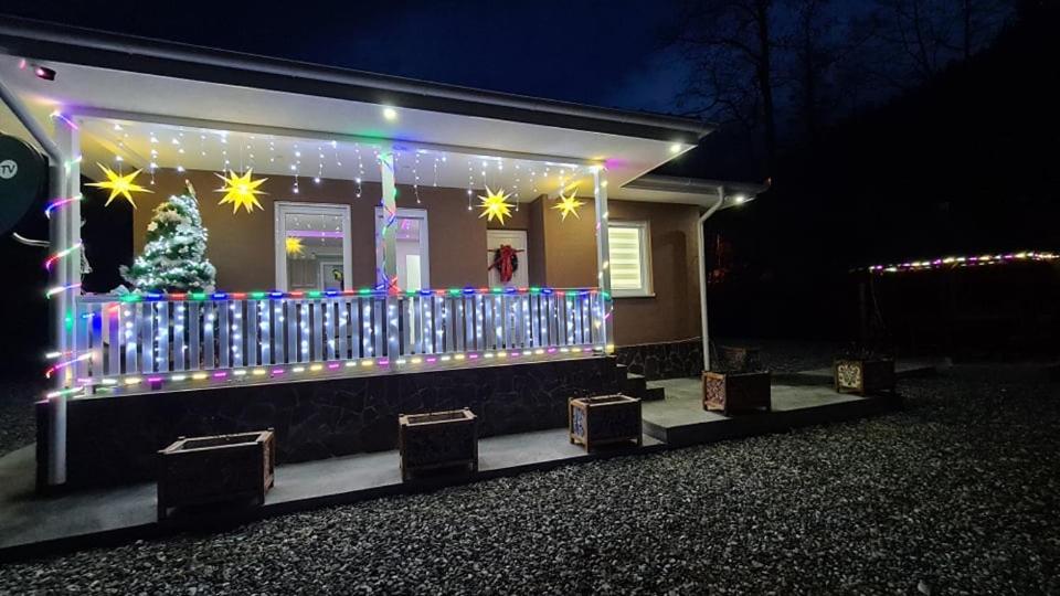 a house decorated with christmas lights and a christmas tree at OAZA in Mokra Gora