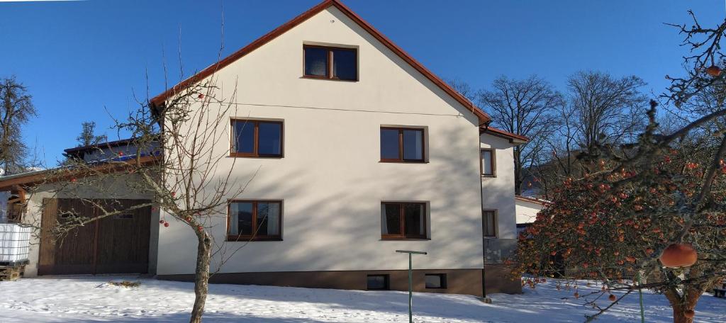 捷克布傑約維採的住宿－U Kapličky，雪中带棕色屋顶的白色房子