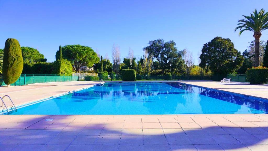a large blue swimming pool with trees in the background at Résidence Islette du Riou avec piscine By Palmazur in Mandelieu-la-Napoule
