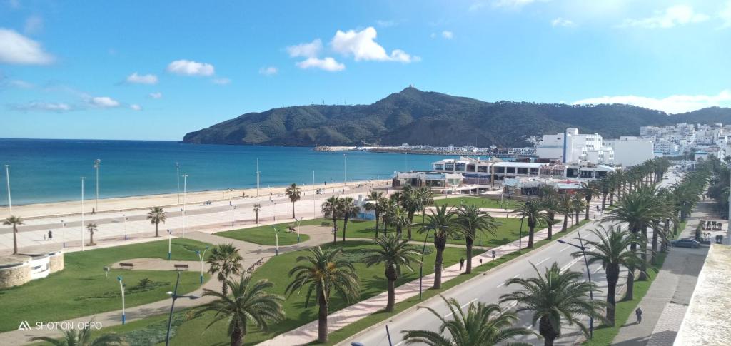 Blick auf einen Strand mit Palmen und das Meer in der Unterkunft hotel cote d'or m'diq in Mʼdik