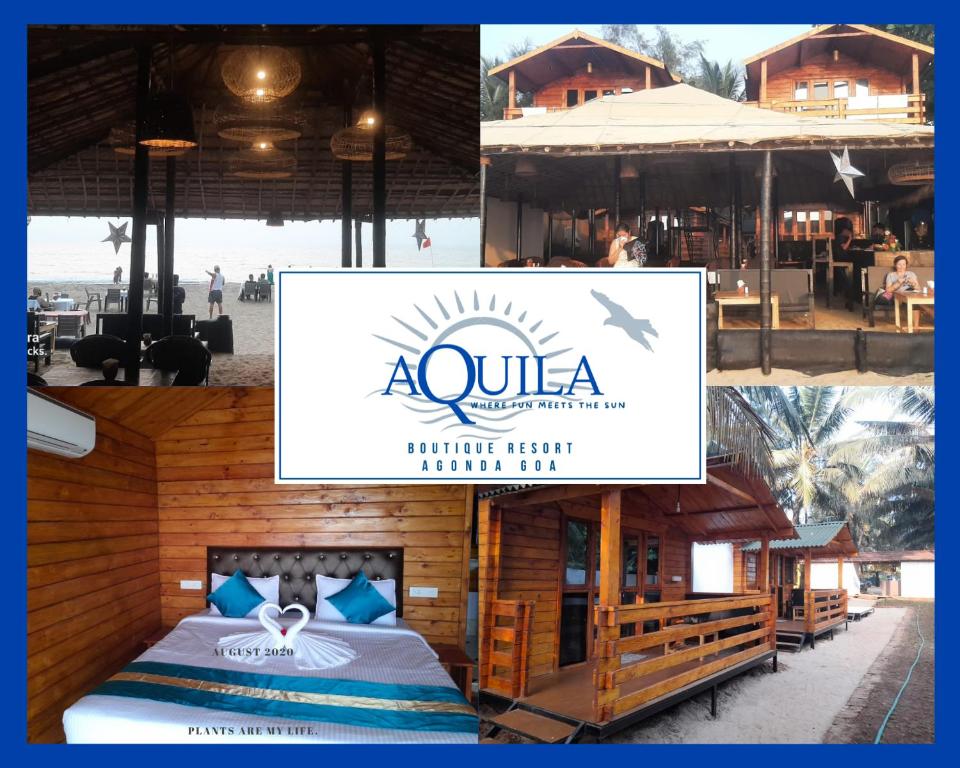 a collage of pictures of a resort with a bed and a building at Aquila Boutique Resort Agonda in Canacona