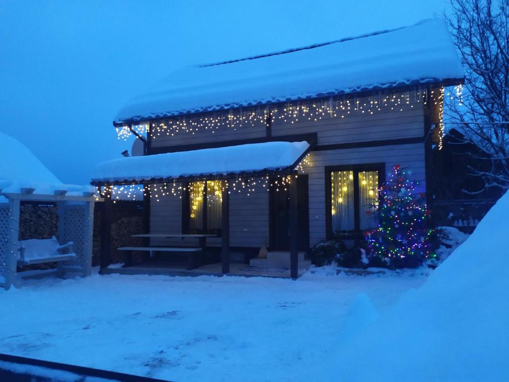 a house with a christmas tree in the snow at Котедж Кресаня in Mykulychyn