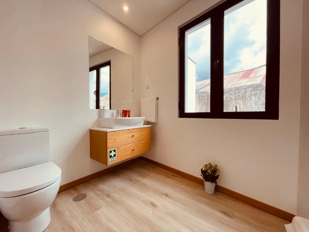 a bathroom with a toilet and a sink and two windows at Living Funchal X in Funchal