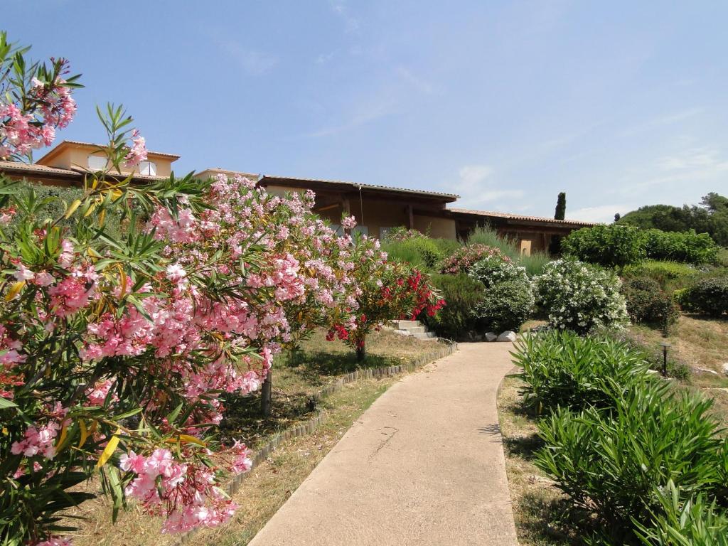 un jardin avec des fleurs roses et un trottoir dans l'établissement Les Villas de Lava, à Appietto
