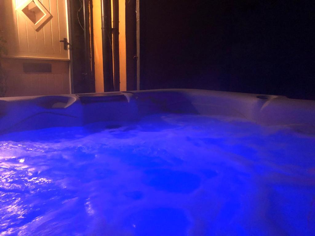 a hot tub with blue water in a room at Lavender Cottage in Thorndon