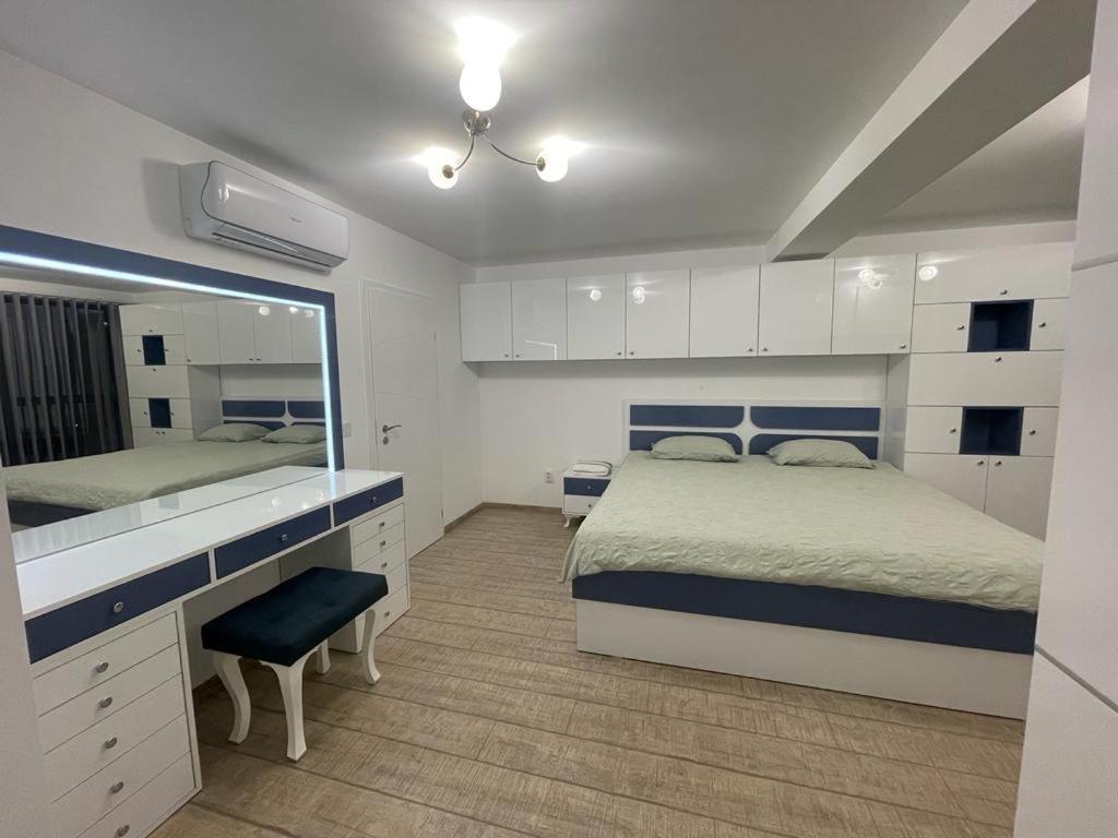 Schlafzimmer mit einem Bett, einem Schreibtisch und einem Spiegel in der Unterkunft Emily & Nasi in Plowdiw