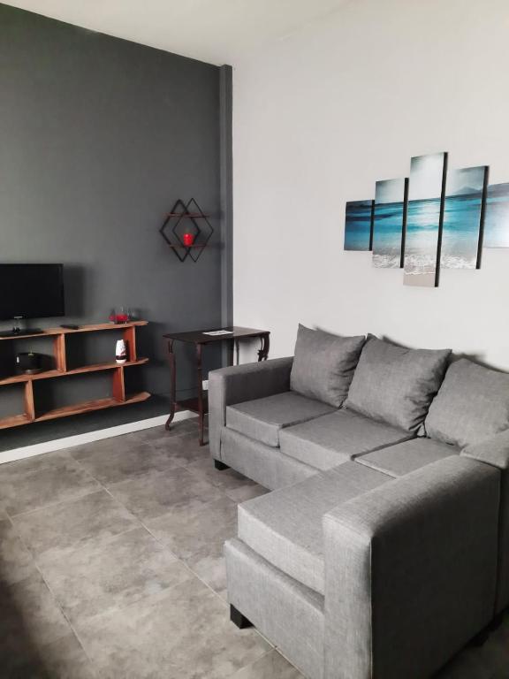 a living room with a couch and a tv at Departamento Brown - zona centro in Mar del Plata