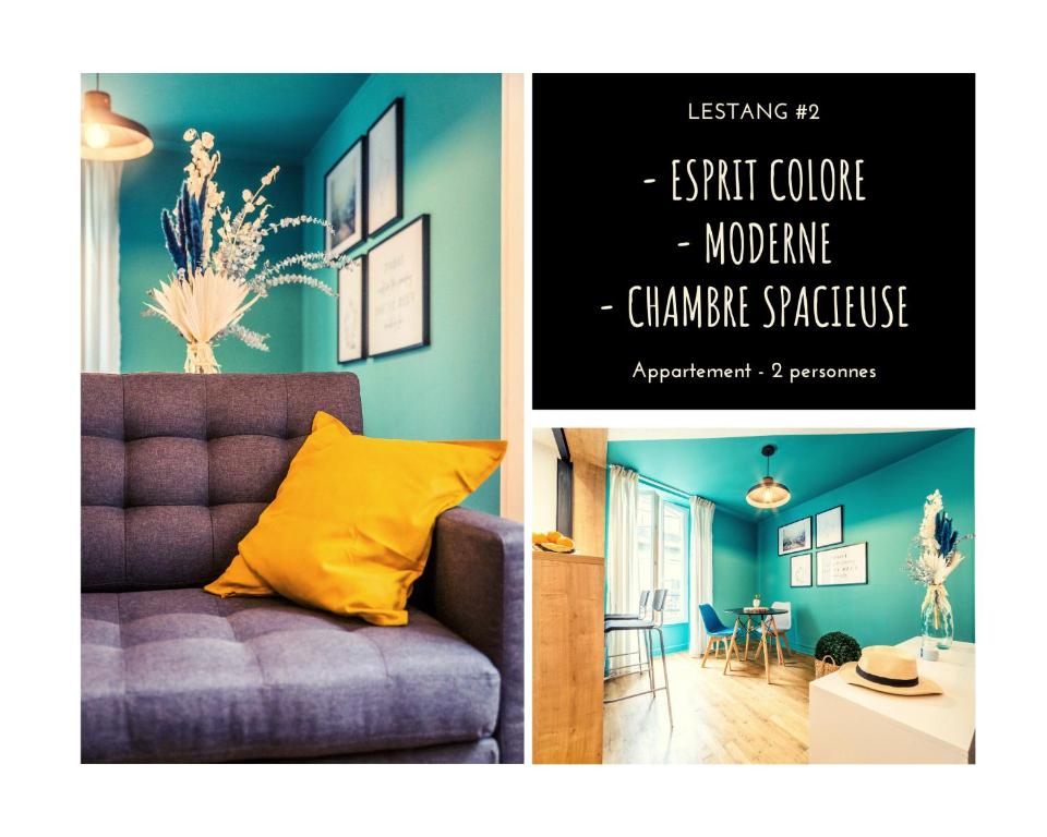 eine Collage aus zwei Bildern mit einer Couch und einem Wohnzimmer in der Unterkunft LESTANG #2 - Appartement Contemporain - 1 Chambre in Brive-la-Gaillarde