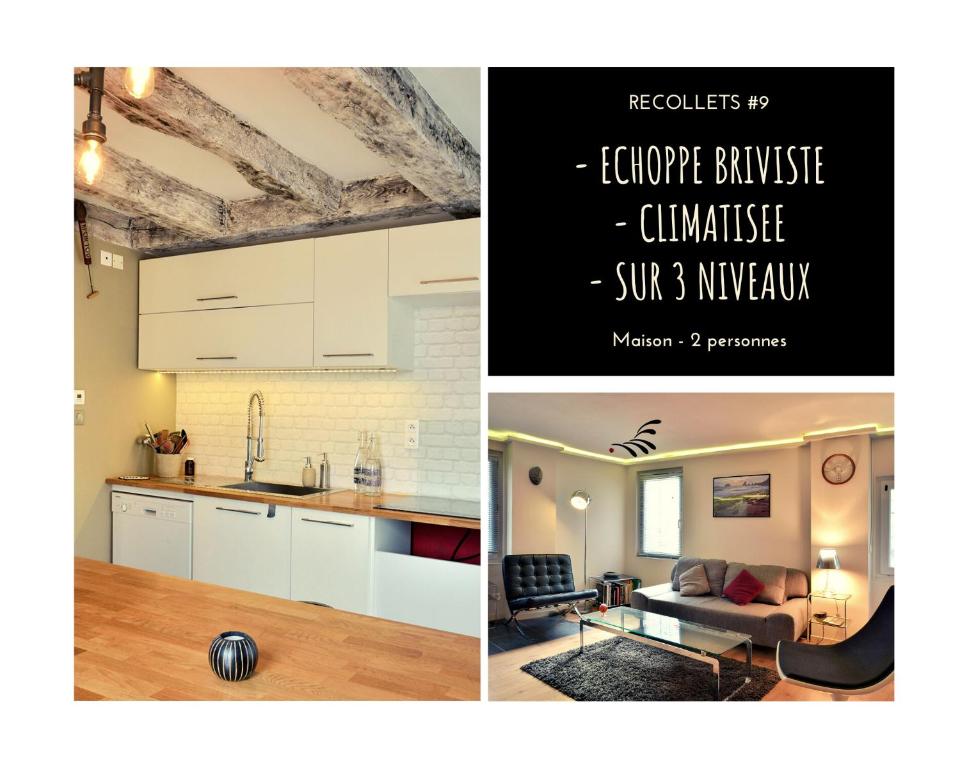 un collage de deux photos d'une cuisine et d'un salon dans l'établissement RECOLLETS #9 - Echoppe Briviste - 1 Chambre, à Brive-la-Gaillarde