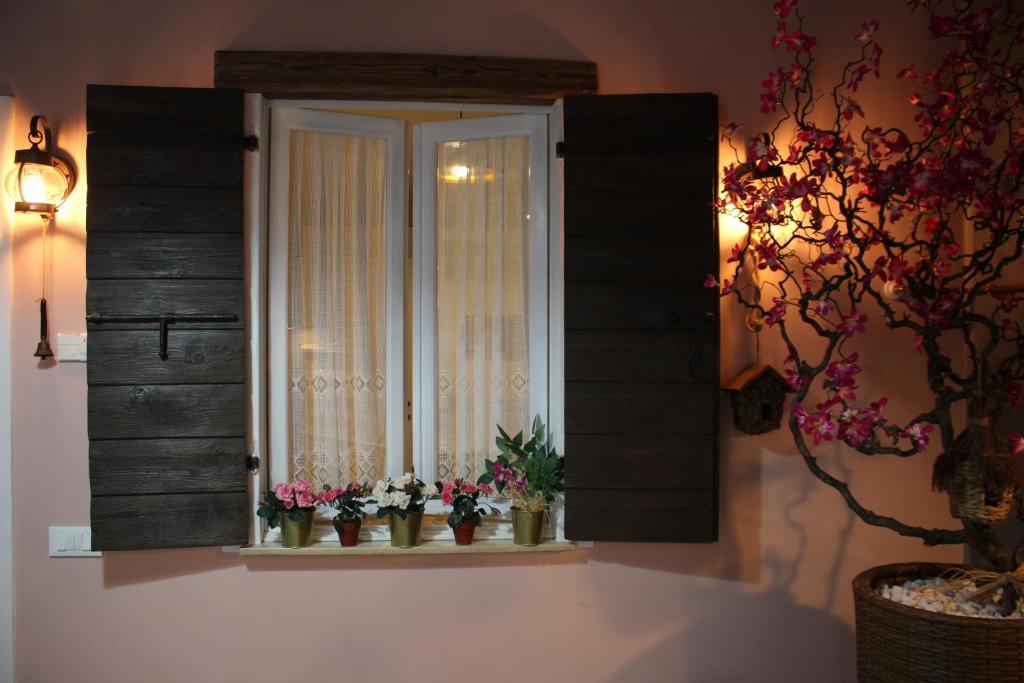 Fonzolo的住宿－Appartamento Balcone fiorito，墙上挂着盆栽的窗户