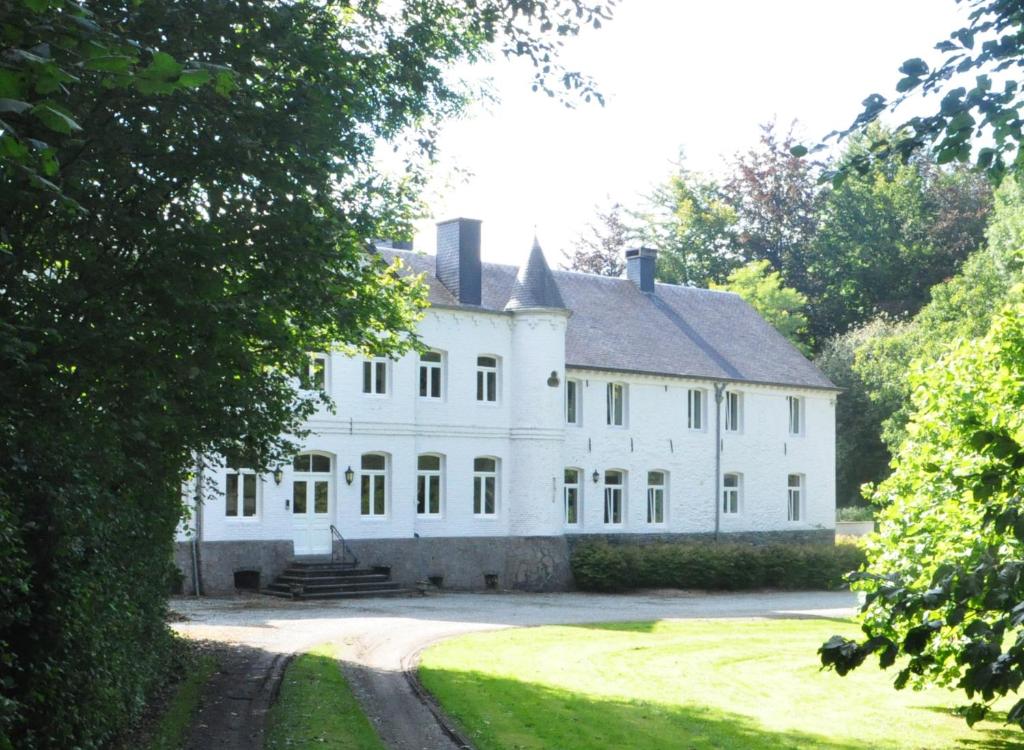 una grande casa bianca con un ampio cortile di Petit château de Beauplateau a Sainte-Ode