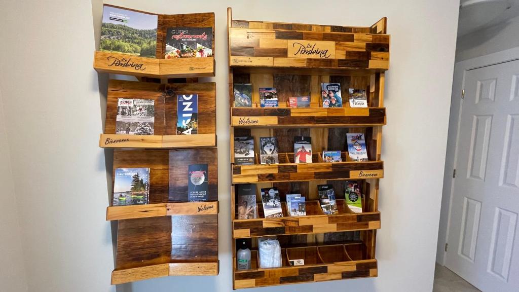 a book shelf filled with books on a wall at Le Pimbina in Mont-Tremblant