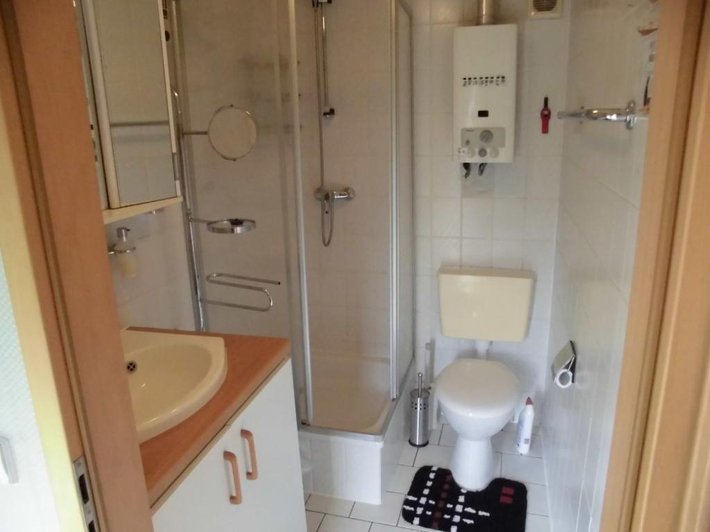 La salle de bains est pourvue d'une douche, de toilettes et d'un lavabo. dans l'établissement Chalet am IJsselstrand, à Doesburg