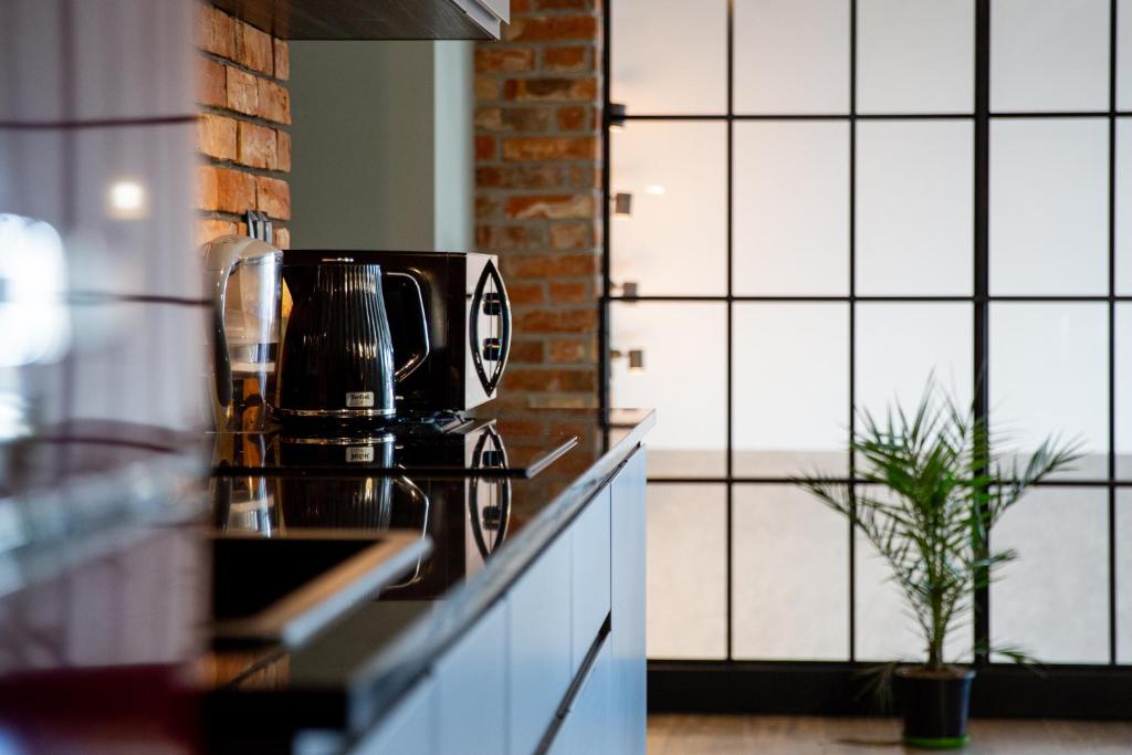 a kitchen with a coffee pot on a counter at Centrum Bieszczad in Lutowiska