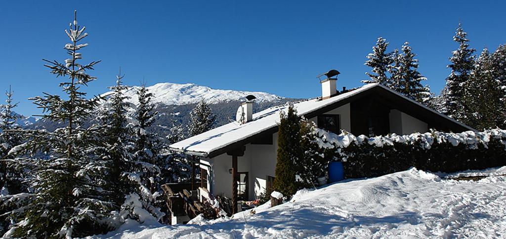 dom ze śniegiem na dachu w obiekcie Ferienwohnung 3 Personen Alleinlage auf 1500m am Waldrand und Skigebiet Hochzeiger w mieście Jerzens