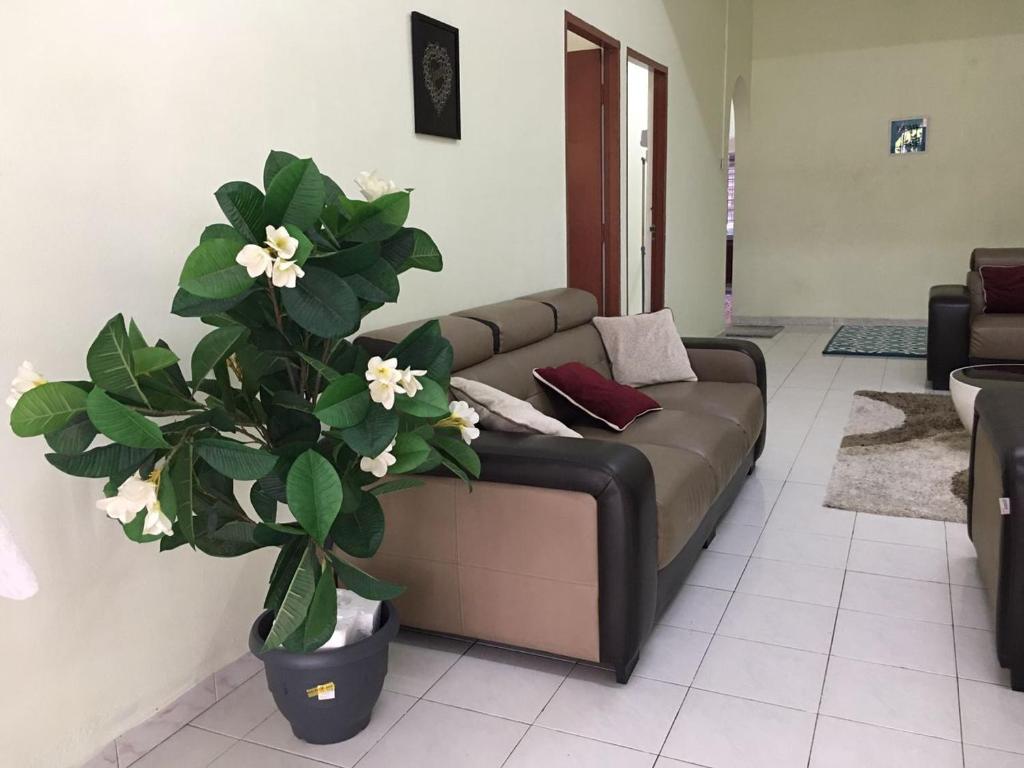 a living room with a brown couch and a plant at Taiping Desa Jana Home Stay in Kamunting