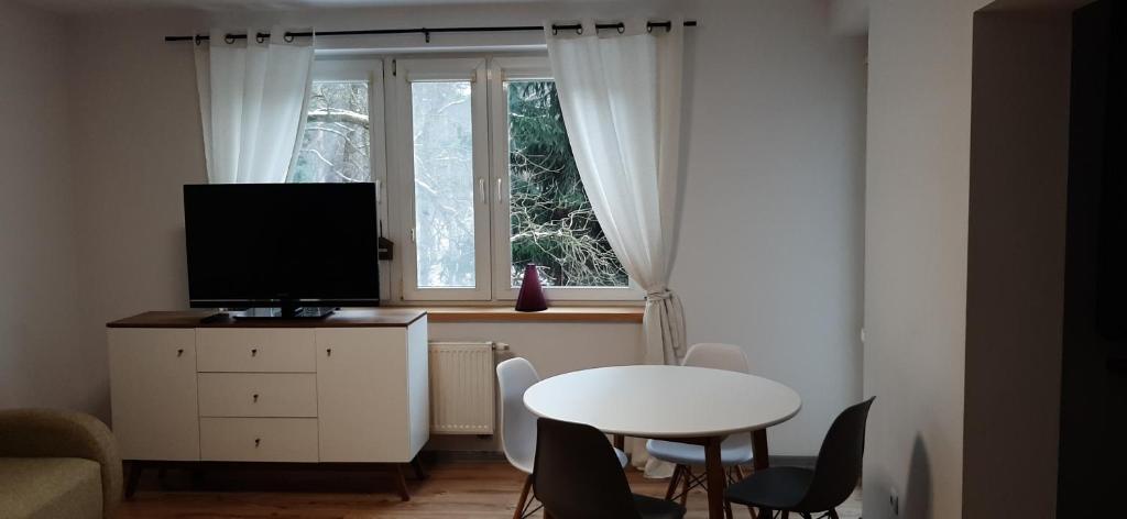 a living room with a table and a tv and a window at Apartament OLIVER in Świnoujście