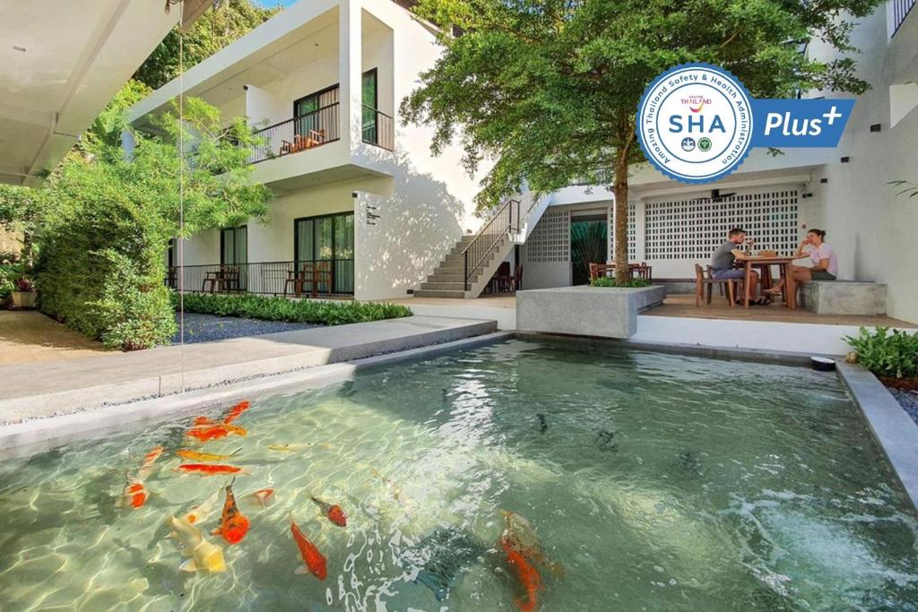 Mini House Aonang Hotel SHA Plus في شاطيء آونانغ: مسبح فيه سمك كوي امام مبنى