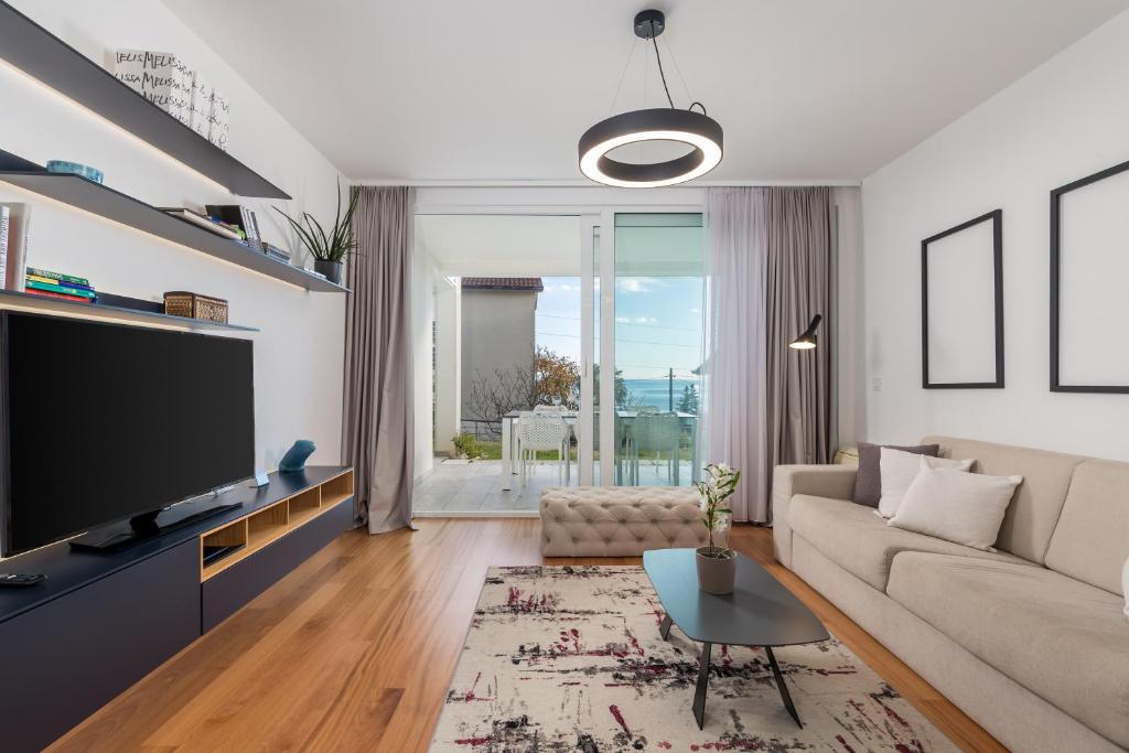 salon z kanapą i telewizorem w obiekcie Apartment Lara with rooftop swimming pool w mieście Ičići