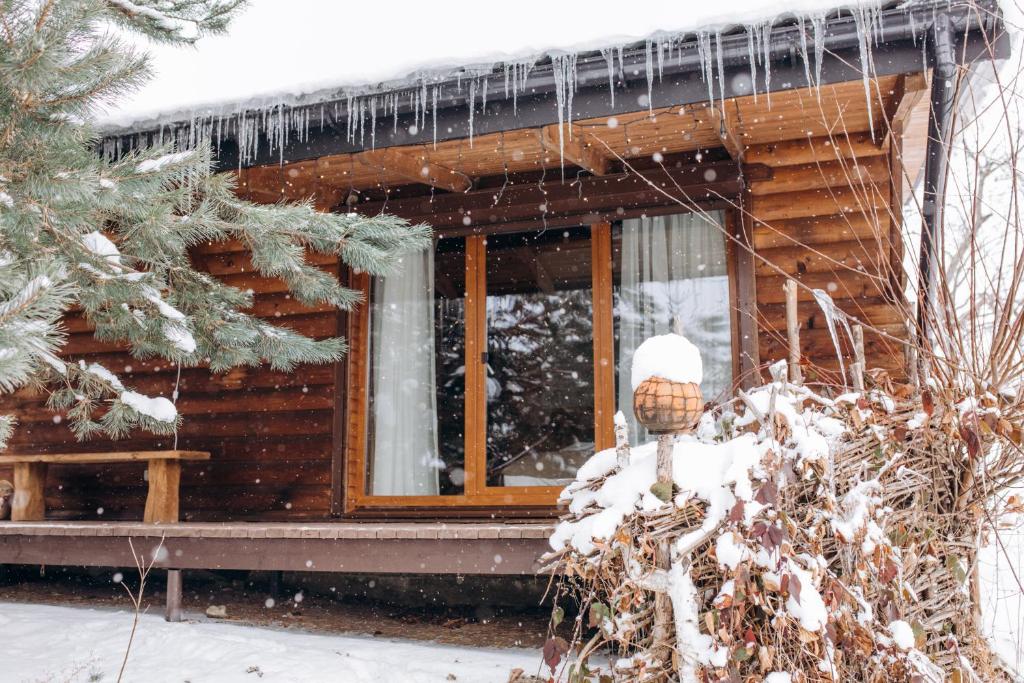 a log cabin in the snow with a window at Dolyna Mykolaya in Migovo