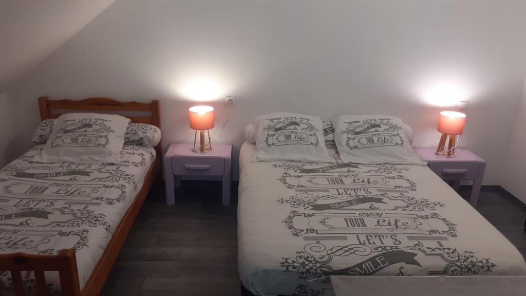 2 camas individuales en una habitación con 2 lámparas en Le Relais de Jeanne en Orbigny