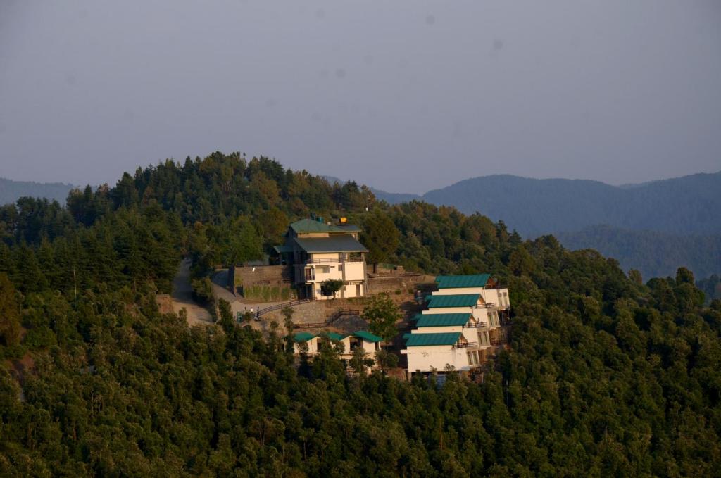 a house on top of a hill with trees at Woodsmoke Retreat in Shimla