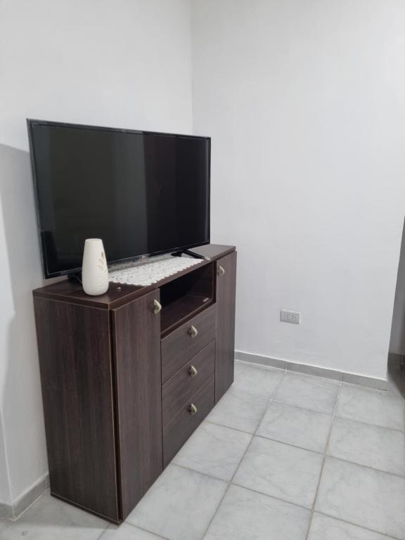 uma televisão numa cómoda de madeira num quarto em Departamento en el centro de la ciudad em Mercedes
