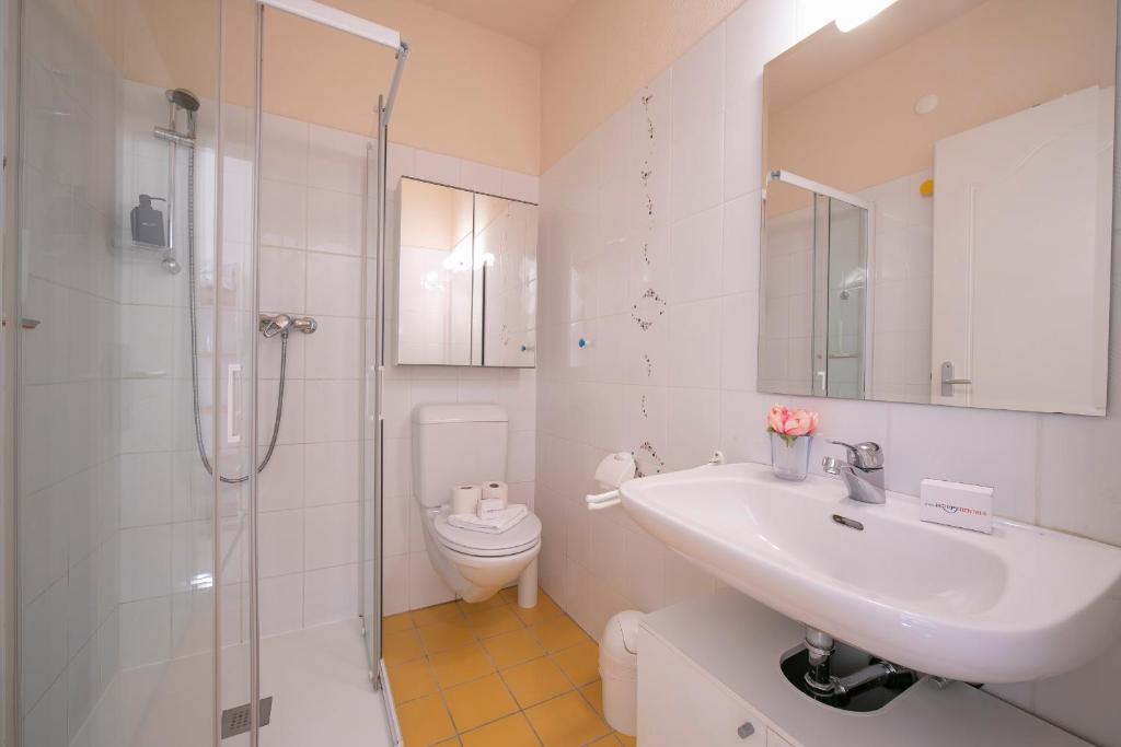 a bathroom with a toilet and a sink and a shower at Apartments Gelsomino, Orchidea and Magnolia in Castagnola