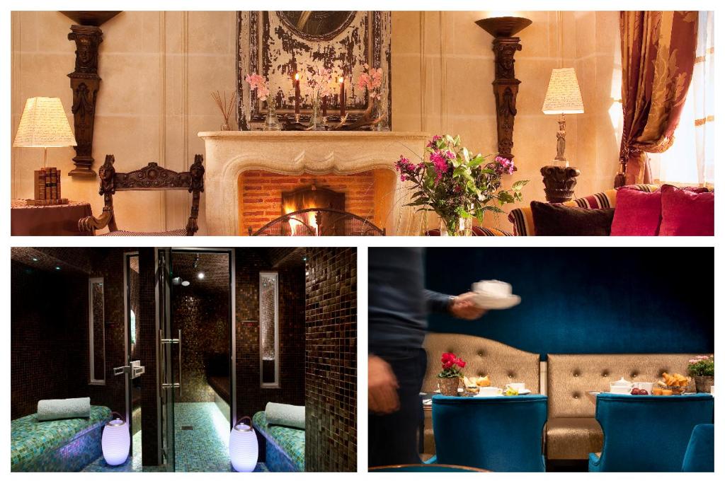 2 immagini di un soggiorno con camino di Hotel Residence Henri IV a Parigi
