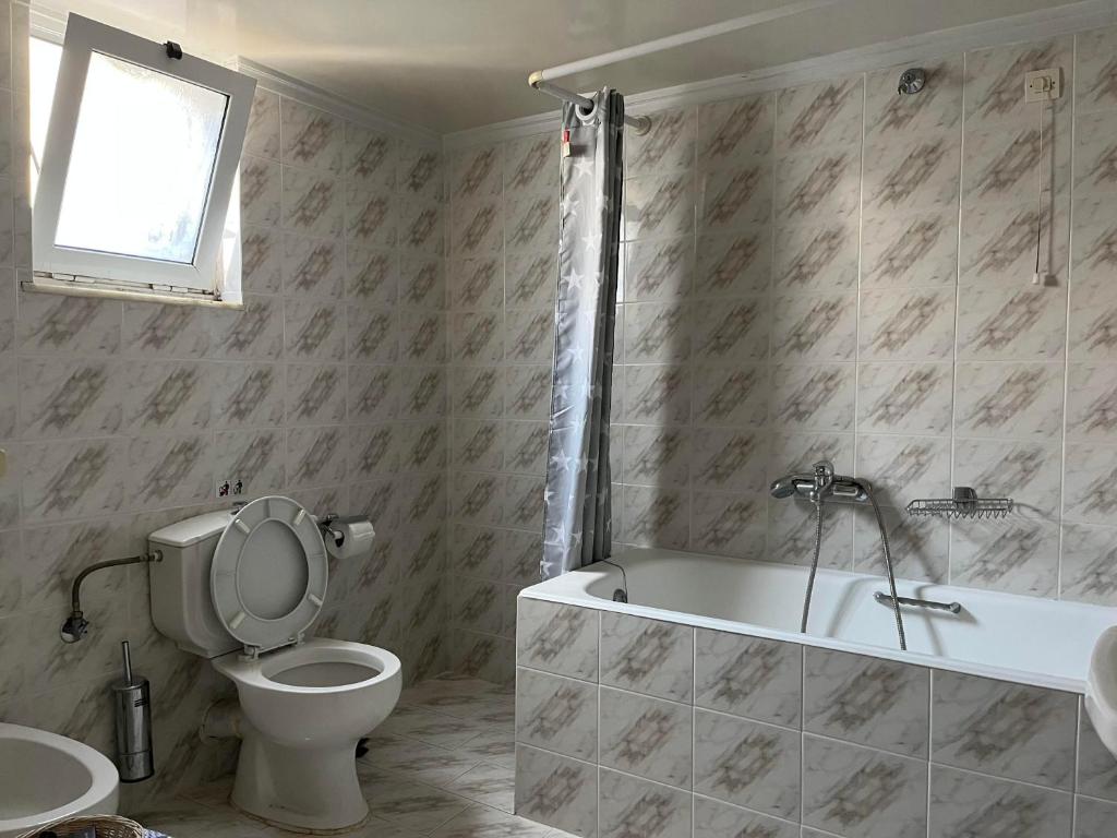 W łazience znajduje się toaleta, wanna i umywalka. w obiekcie Hotel Koutriaris w mieście Distomo