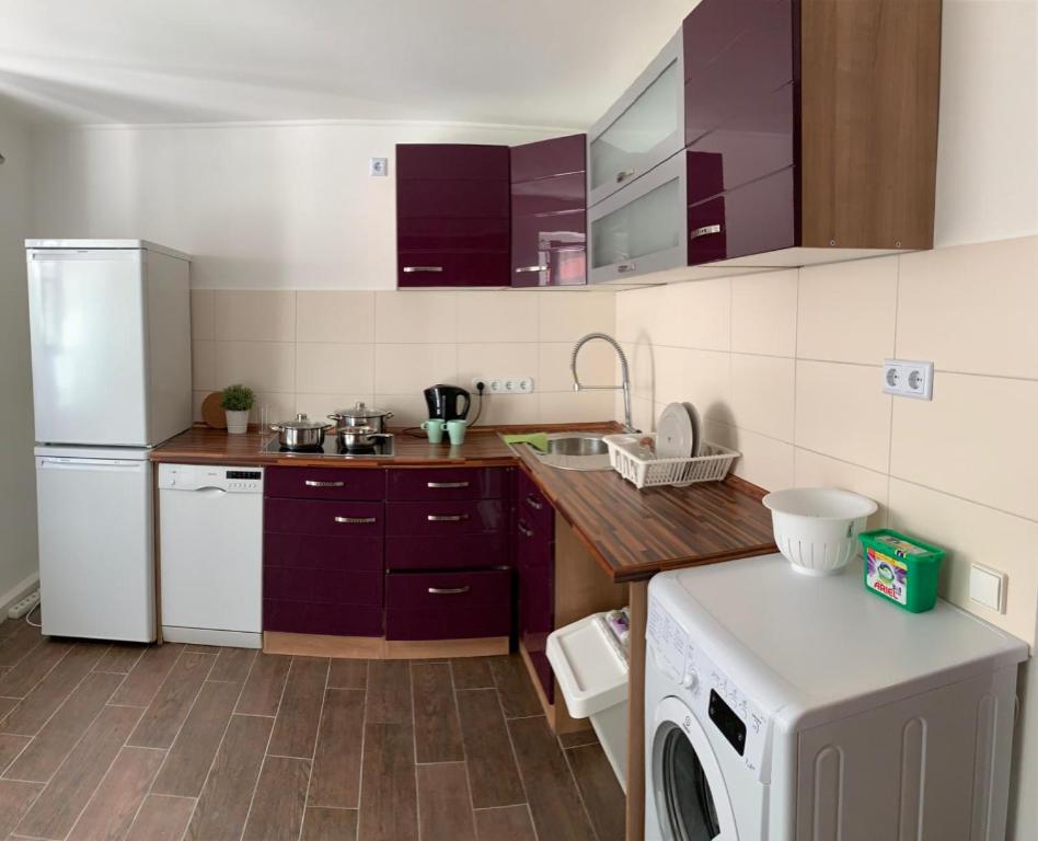uma cozinha com um frigorífico branco e uma máquina de lavar louça em Ferienhaus für Monteure in Bitterfeld-Wolfen em Steinfurth