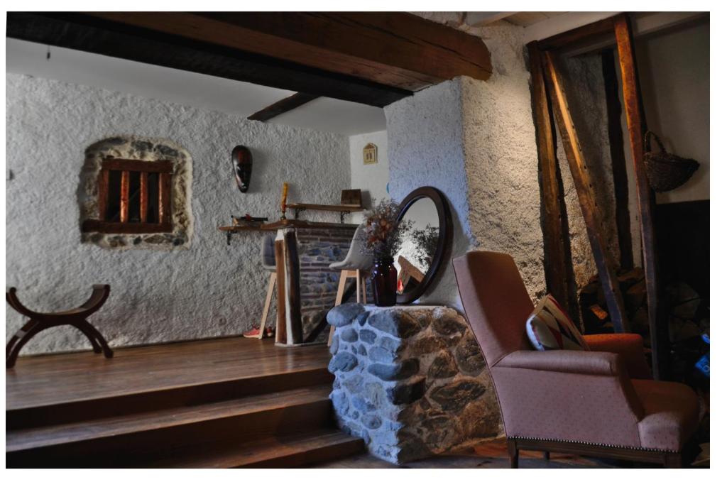 a living room with a chair and a fireplace at Les Chatougoulis in Les Bordes-sur-Lez