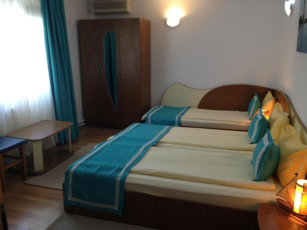 a bedroom with a large bed with blue sheets at Marina House in Sulina