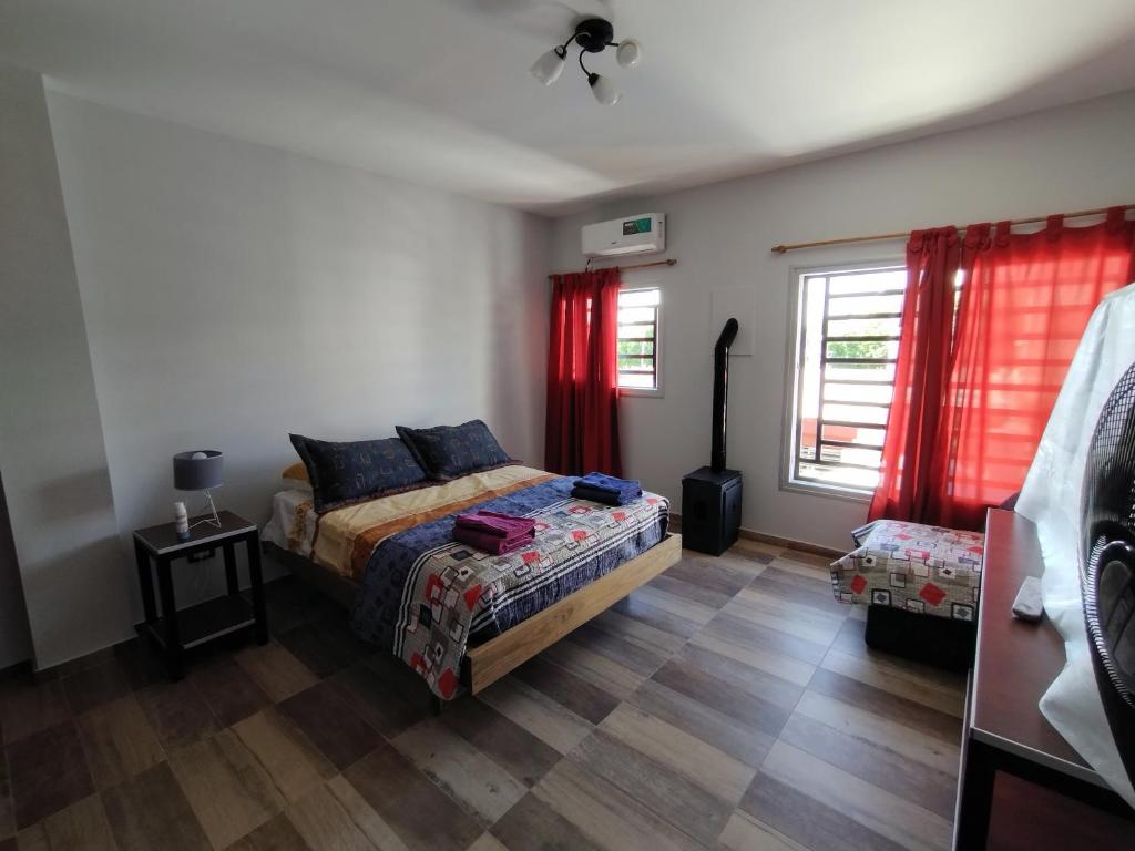 een slaapkamer met een bed en rode gordijnen bij Depto para turistas - Mago Blanco in Godoy Cruz