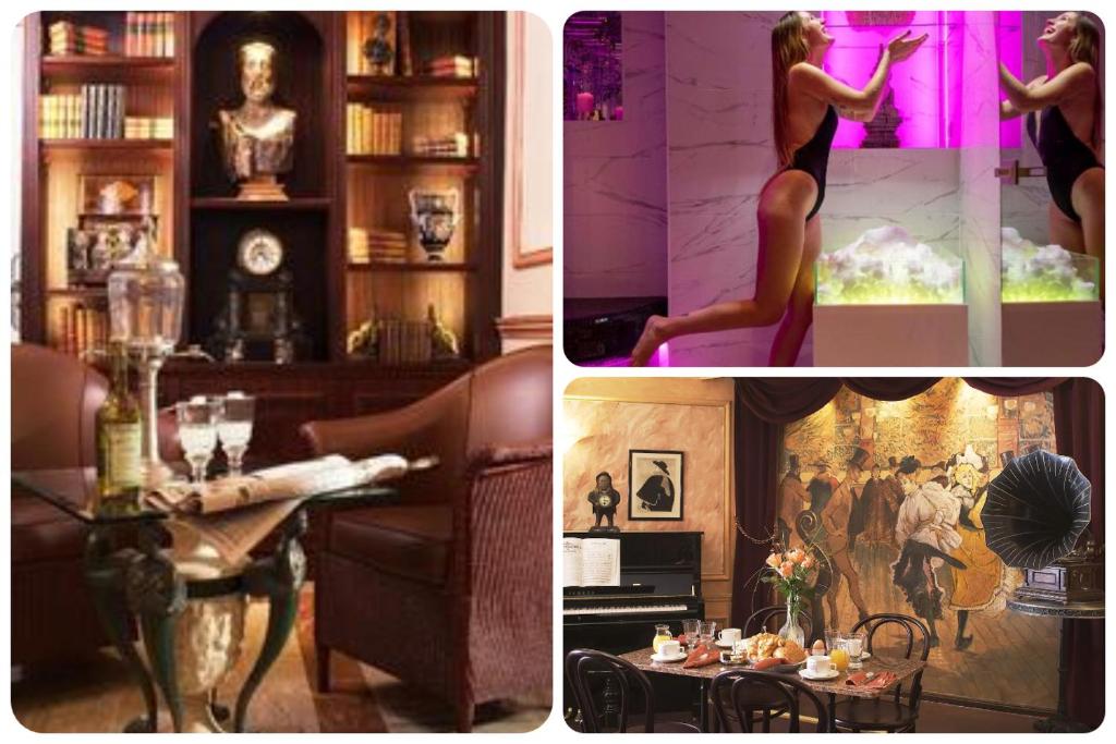 a collage of pictures of a woman in a living room at Hotel & Spa Saint-Jacques in Paris