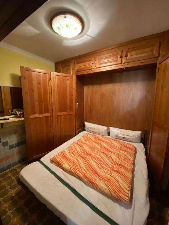 a bedroom with a bed with a wooden wall at Bilocale condominio del sole in San Giacomo