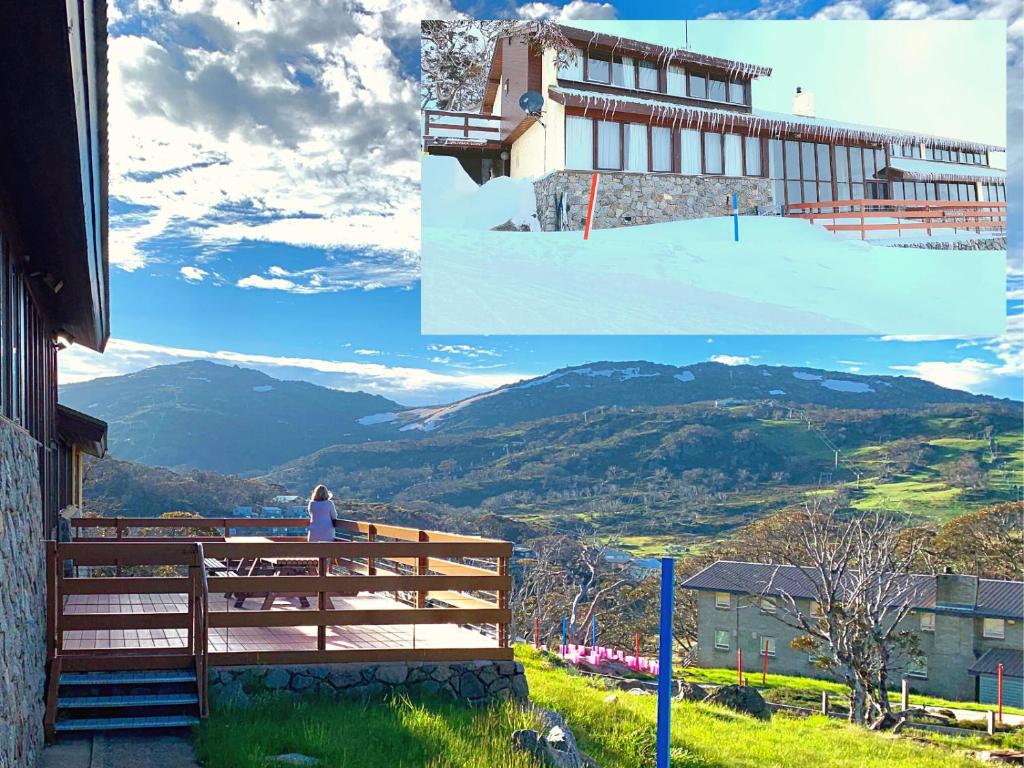 un collage de deux photos d'un bâtiment et d'une femme assise sur un banc dans l'établissement Valhalla Perisher, à Perisher Valley