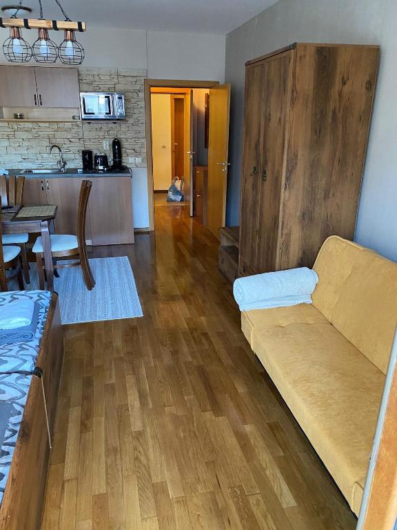 a living room with a couch and a kitchen at Bansko SPA Studio at Predela1 in Bansko