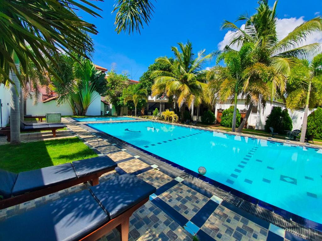 una piscina en una villa con palmeras en Peacock Reach Hotel en Tissamaharama