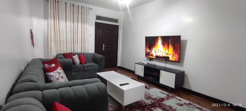 a living room with a couch and a fireplace at Emani Luxury Condo in Nakuru